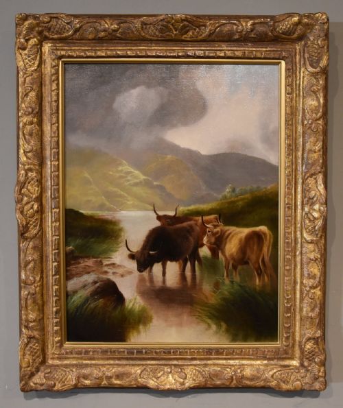 oil painting by william perring hollyer cattle in a highland glen - CATEGORY: ANTIQUE ART - DATED 19TH CENTURY