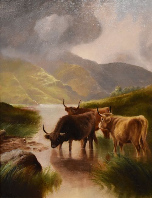 OIL PAINTING BY WILLIAM PERRING HOLLYER CATTLE IN A HIGHLAND GLEN - ADDITIONAL PHOTO 1