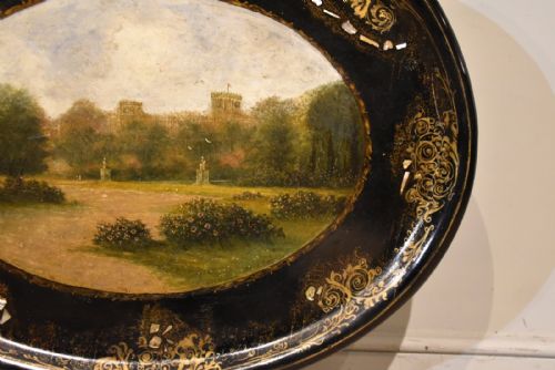 19TH CENTURY PAPIER MACHE OVAL TRAY ON MODERN STAND - ADDITIONAL PHOTO 2