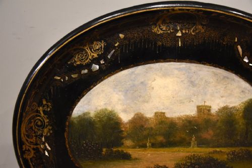 19TH CENTURY PAPIER MACHE OVAL TRAY ON MODERN STAND - ADDITIONAL PHOTO 3