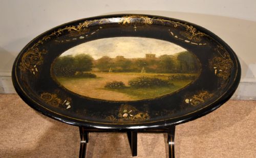 19TH CENTURY PAPIER MACHE OVAL TRAY ON MODERN STAND - ADDITIONAL PHOTO 7