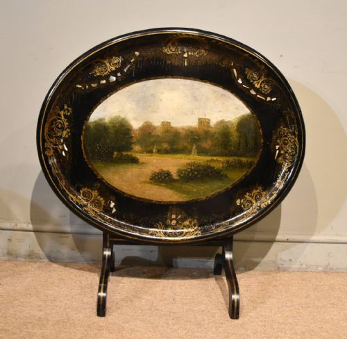 19TH CENTURY PAPIER MACHE OVAL TRAY ON MODERN STAND - ADDITIONAL PHOTO 1