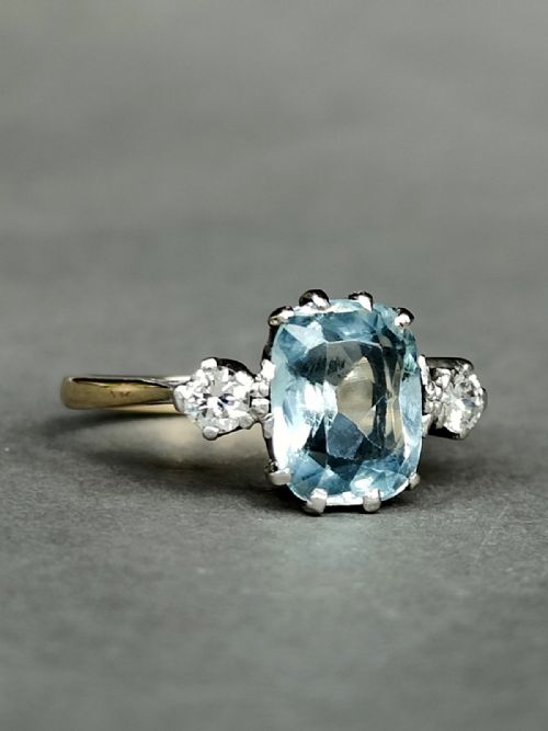 ART DECO 18CT GOLD PLATINUM AQUAMARINE DIAMOND RING - ADDITIONAL PHOTO 1
