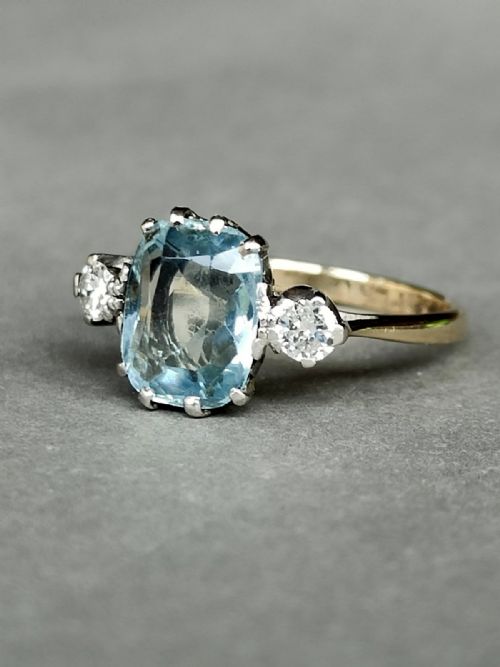 ART DECO 18CT GOLD PLATINUM AQUAMARINE DIAMOND RING - ADDITIONAL PHOTO 2
