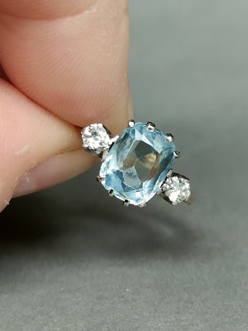 ART DECO 18CT GOLD PLATINUM AQUAMARINE DIAMOND RING - ADDITIONAL PHOTO 3