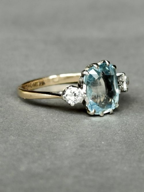 ART DECO 18CT GOLD PLATINUM AQUAMARINE DIAMOND RING - ADDITIONAL PHOTO 4