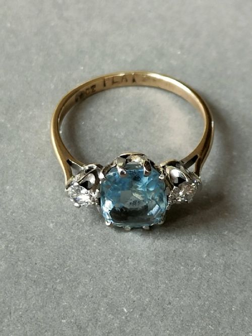 ART DECO 18CT GOLD PLATINUM AQUAMARINE DIAMOND RING - ADDITIONAL PHOTO 5