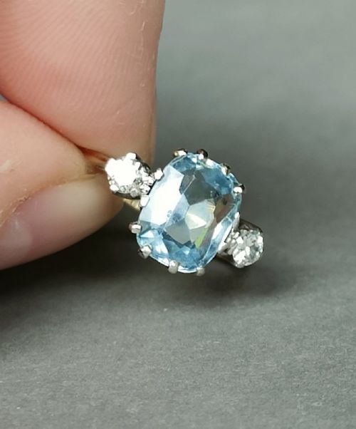 ART DECO 18CT GOLD PLATINUM AQUAMARINE DIAMOND RING - ADDITIONAL PHOTO 7