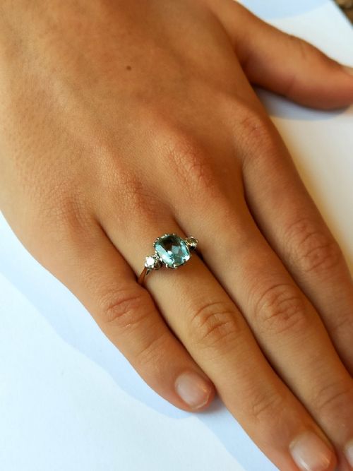 ART DECO 18CT GOLD PLATINUM AQUAMARINE DIAMOND RING - ADDITIONAL PHOTO 8