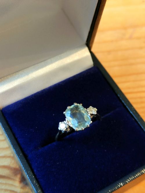ART DECO 18CT GOLD PLATINUM AQUAMARINE DIAMOND RING - ADDITIONAL PHOTO 9