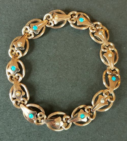 rare edwardian 9ct rose gold turquoise expandable bracelet - CATEGORY: ANTIQUE JEWELLERY - DATED EDWARDIAN