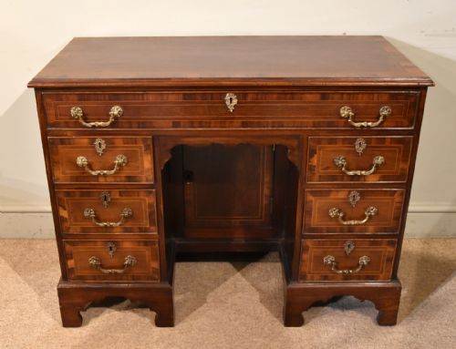 19th century narrow crossbanded mahogany kneehole chest - CATEGORY: ANTIQUE DESKS - DATED 19TH CENTURY