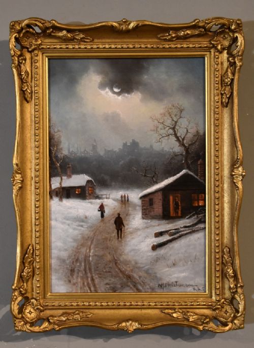 oil painting by nils hans christiansen evening by a dutch town - CATEGORY: ANTIQUE ART - DATED 19TH CENTURY