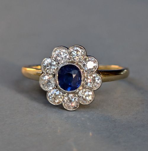 ART DECO 18CT GOLD SAPPHIRE DIAMOND DAISY RING - ADDITIONAL PHOTO 4