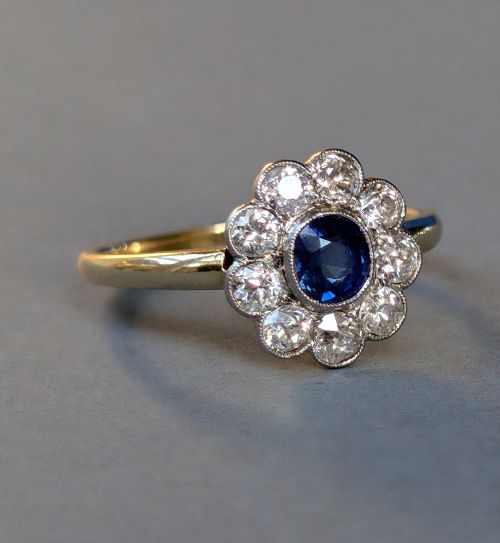 ART DECO 18CT GOLD SAPPHIRE DIAMOND DAISY RING - ADDITIONAL PHOTO 6