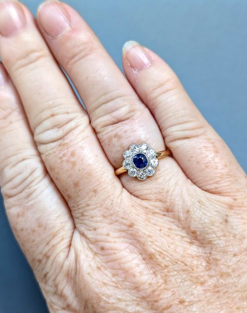 ART DECO 18CT GOLD SAPPHIRE DIAMOND DAISY RING - ADDITIONAL PHOTO 9