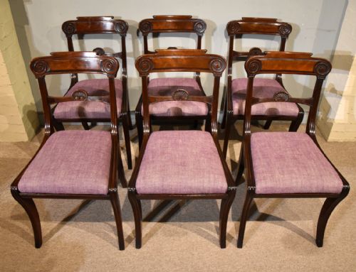 set of six regency mahogany sabre leg carved dining chairs - CATEGORY: ANTIQUE CHAIRS - DATED REGENCY