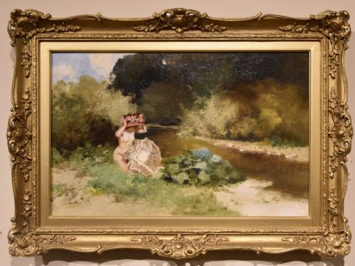 oil painting by antal nedgrady by the riverbank - CATEGORY: ANTIQUE ART - DATED 19TH CENTURY