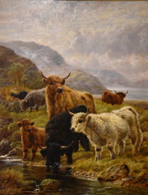 OIL PAINTING PAIR BY ROBERT WATSON HIGHLAND CATTLE AND SHEEP IN THE GLEN - ADDITIONAL PHOTO 1