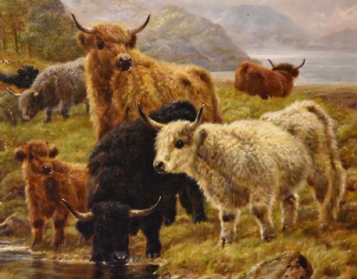 OIL PAINTING PAIR BY ROBERT WATSON HIGHLAND CATTLE AND SHEEP IN THE GLEN - ADDITIONAL PHOTO 2