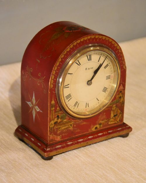 EARLY 20TH CENTURY RED CHINOISERIE MANTEL CLOCK - ADDITIONAL PHOTO 2