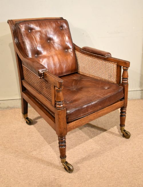 REGENCY CANE AND LEATHER BERGERE LIBRARY CHAIR - ADDITIONAL PHOTO 1