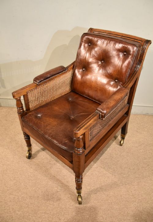 REGENCY CANE AND LEATHER BERGERE LIBRARY CHAIR - ADDITIONAL PHOTO 5