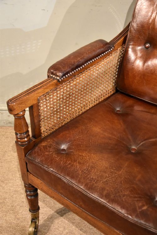 REGENCY CANE AND LEATHER BERGERE LIBRARY CHAIR - ADDITIONAL PHOTO 6