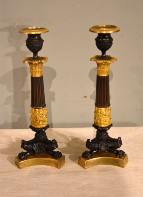 PAIR OF FRENCH EMPIRE BRONZE AND GILT BRONZE CANDLESTICKS - ADDITIONAL PHOTO 4