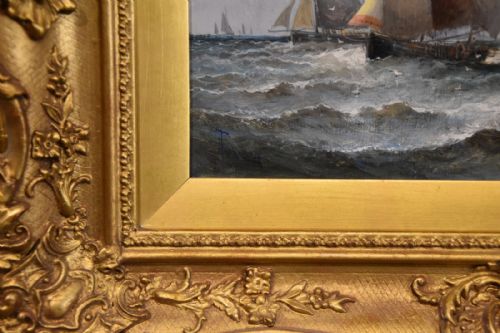 OIL PAINTING BY WILLIAM ANSLOW THORNLEY FRENCH FISHING BOATS OFF BOULOGNE - ADDITIONAL PHOTO 4