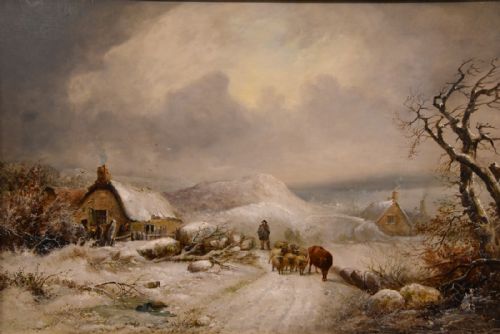 OIL PAINTING BY EDWARD CHARLES WILLIAMS DROVING HOME ON A WINTERS EVE - ADDITIONAL PHOTO 1