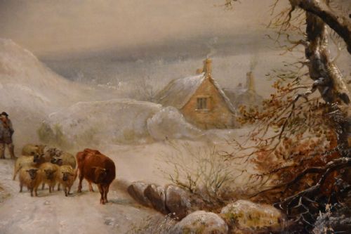 OIL PAINTING BY EDWARD CHARLES WILLIAMS DROVING HOME ON A WINTERS EVE - ADDITIONAL PHOTO 5