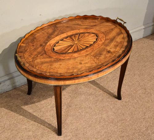 18th century satinwood inlaid oval tray on stand - CATEGORY: ANTIQUE FURNITURE - DATED 18TH CENTURY