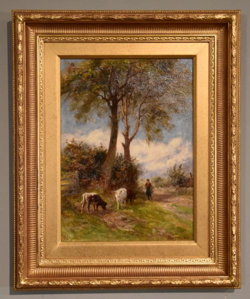 OIL PAINTING PAIR BY FREDERICK JAMES KNOWLES FEEDING THE GEESE AND HERDING THE CATTLE - ADDITIONAL PHOTO 1