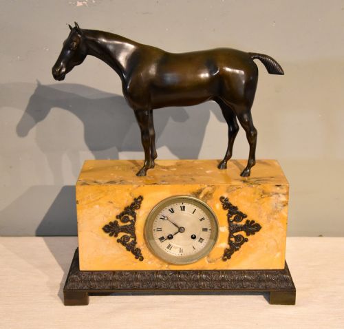 A SIENNA MARBLE AND BRONZE STALLION MANTEL CLOCK - ADDITIONAL PHOTO 1