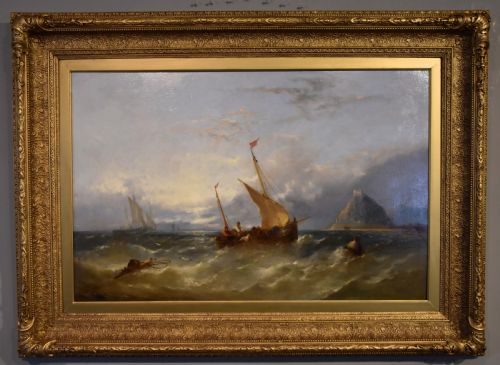 OIL PAINTING BY WILLIAM HENRY WILLIAMSON FISHING BOATS OFF ST MICHAEL'S MOUNT