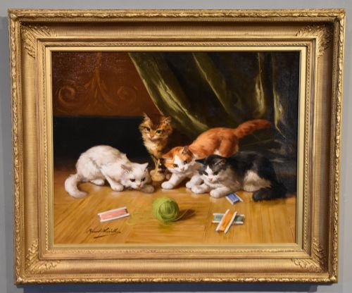 OIL PAINTING BY ALFRED ARTHUR BRUNEL DE NEUVILLE KITTENS AT PLAY