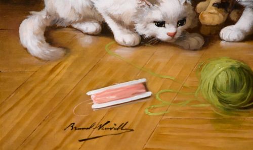 OIL PAINTING BY ALFRED ARTHUR BRUNEL DE NEUVILLE KITTENS AT PLAY - ADDITIONAL PHOTO 3