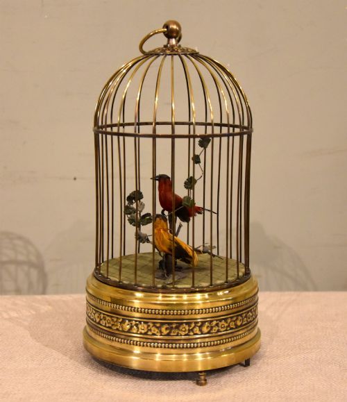 Pair of Victorian Singing Birds in a Brass Cage