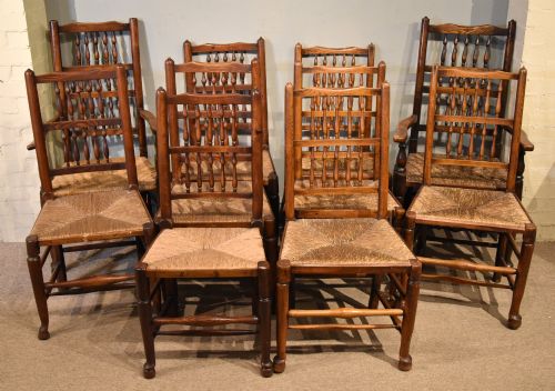 Set of Ten Spindle Back Dining Chairs with Rush Seats