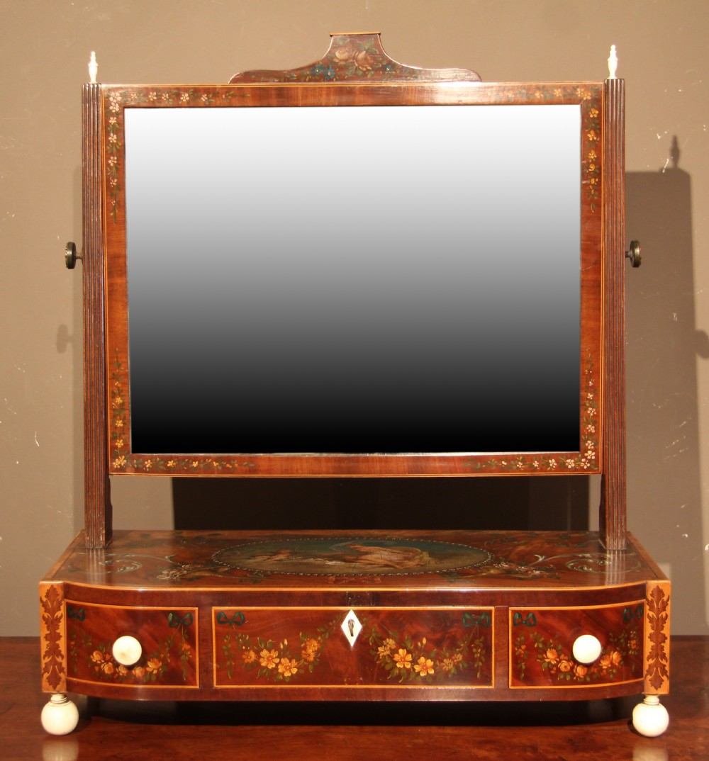 Highly Decorative, Regency Period Mahogany Dressing Mirror with Painted Scenes and Decoration