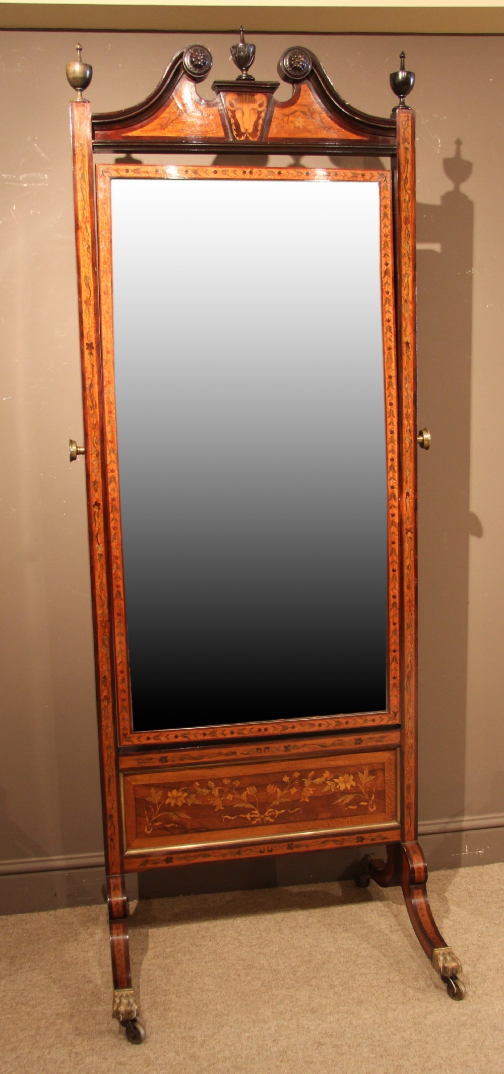 Very Fine Large Late 19th Century Mahogany and Satinwood Marquetry Cheval Mirror, Circa 1880