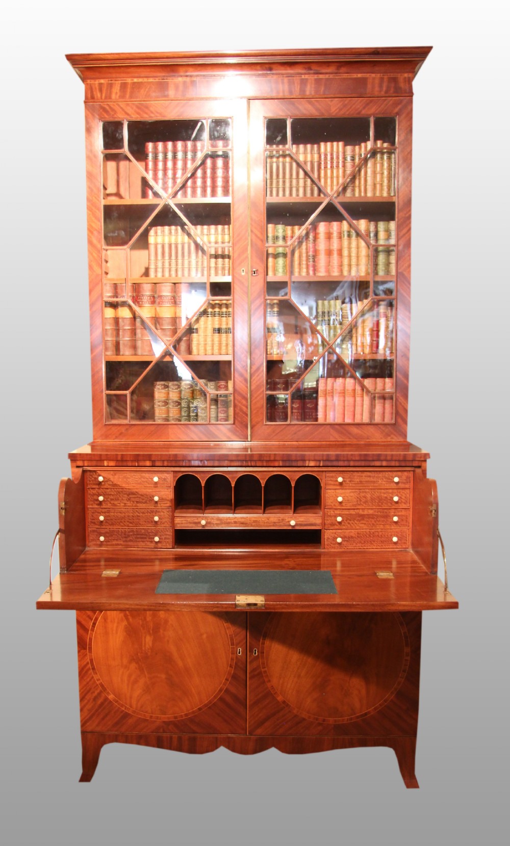 Fine George III Sheraton Period Mahogany & Rosewood Inlaid Secretaire Bookcase