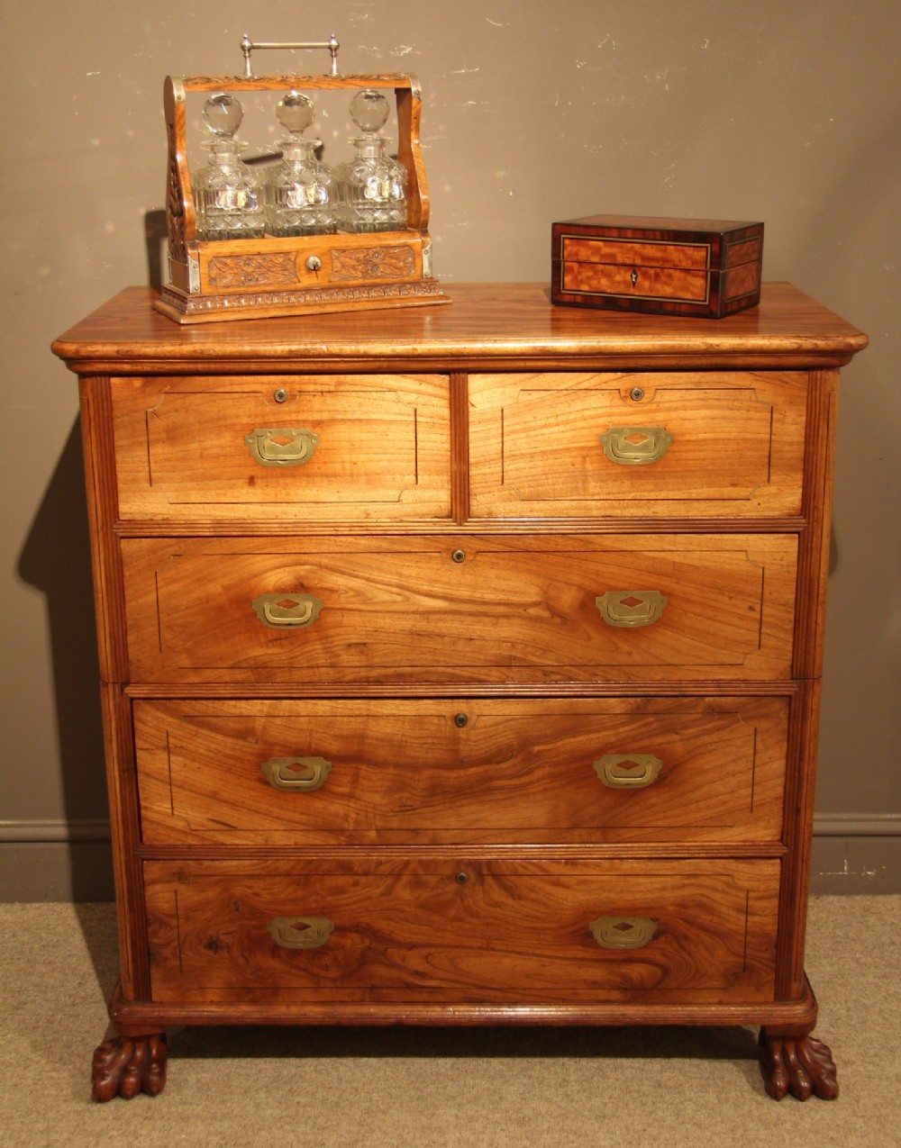Very Fine Mid 19th Century Campaign Chest with Claw Feet and Horn Inlay, Circa 1850