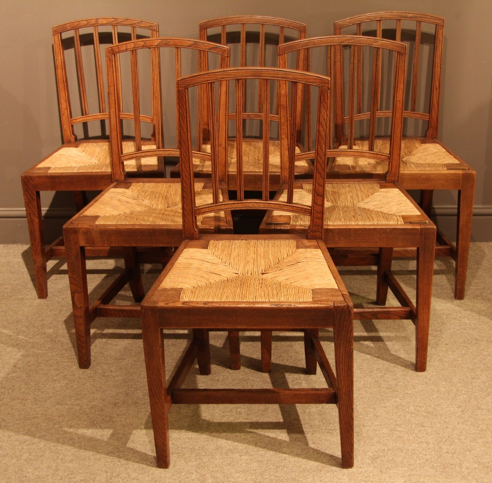Charming Set of Six Country Elm Hepplewhite Design Chairs