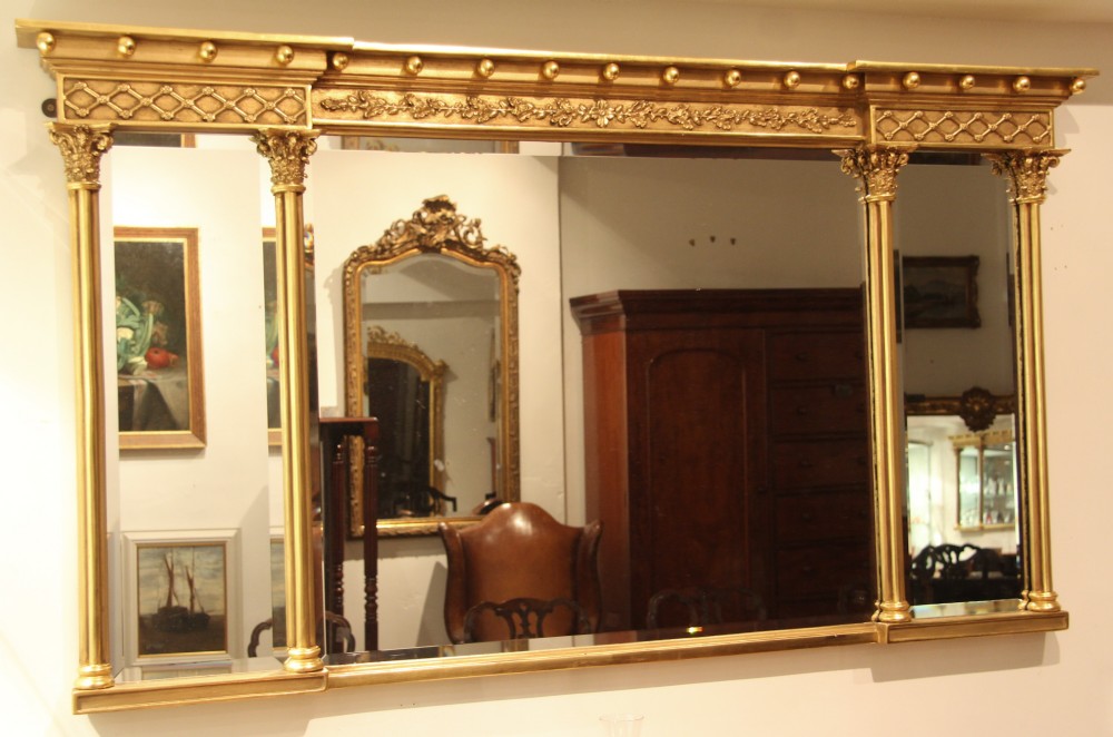 Re-Gilded Large Regency Triple Plate Overmantel Mirror