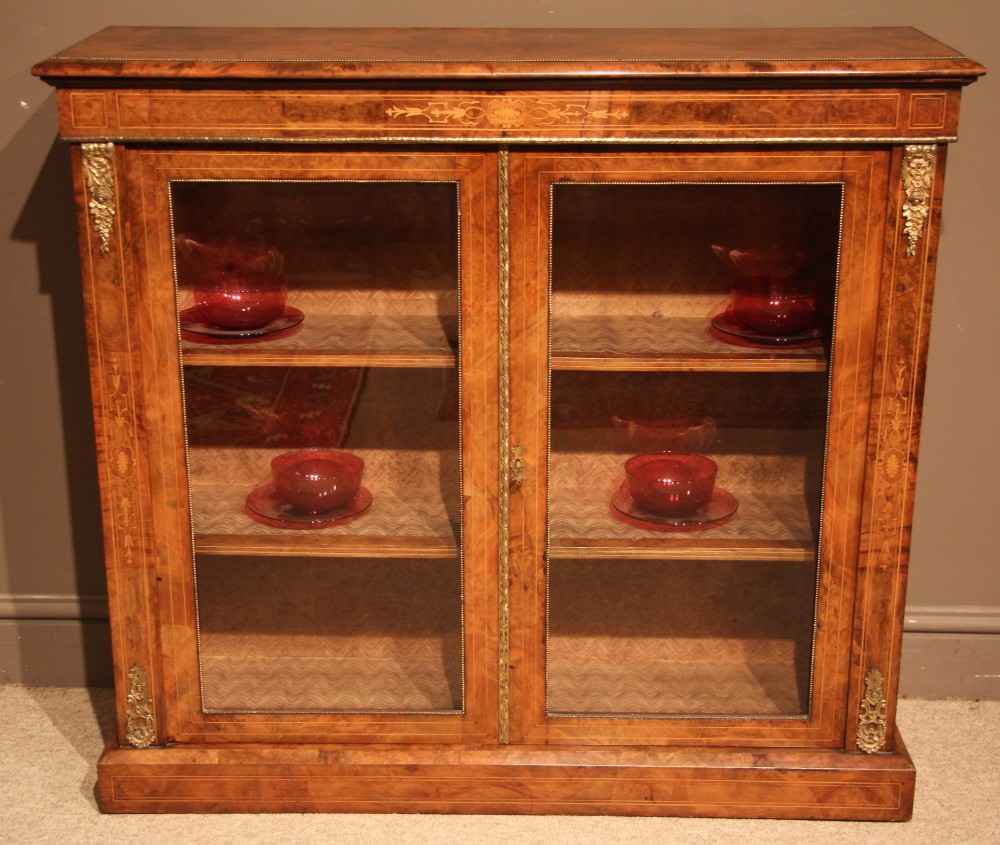 Victorian Burr Walnut Cabinet with Inlays, Stringing and Gilt Brass Decoration