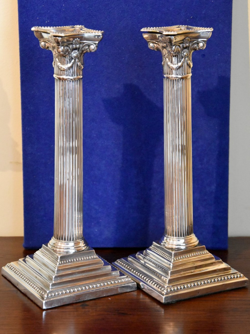 Pair of Silver Corinthian Column Candlesticks 1902