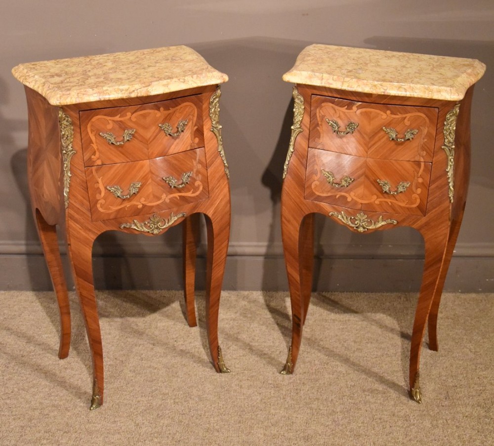  French Pair of Marble Three Drawer Bed Side Tables