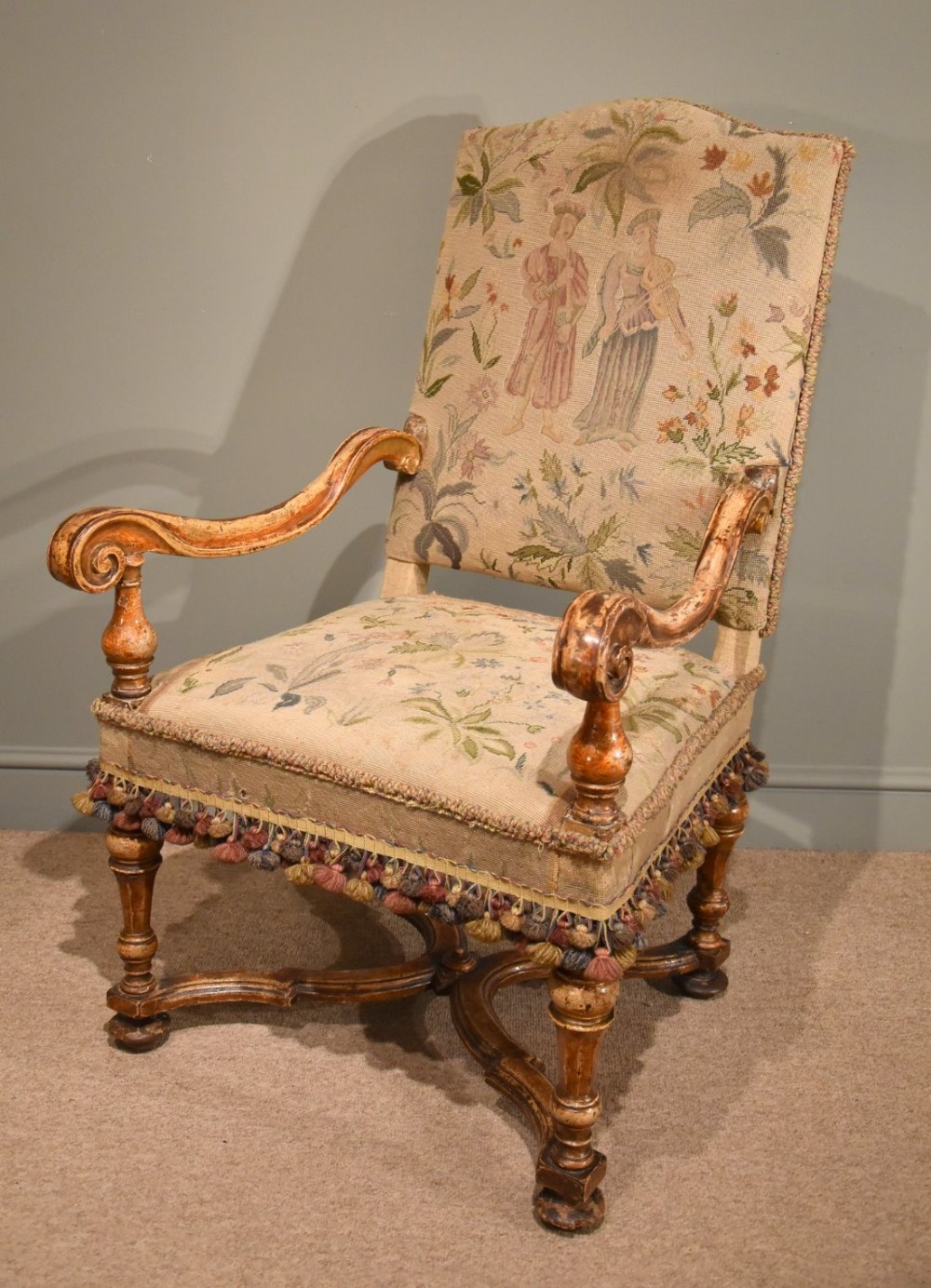 A Stunning Late 17th Century Italian Walnut Painted and Gilded Armchair
